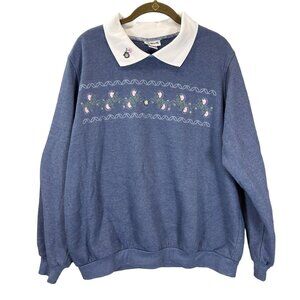 Vintage Bon Worth L Rose Embroidered Sweatshirt White Collar Floral Granny Core